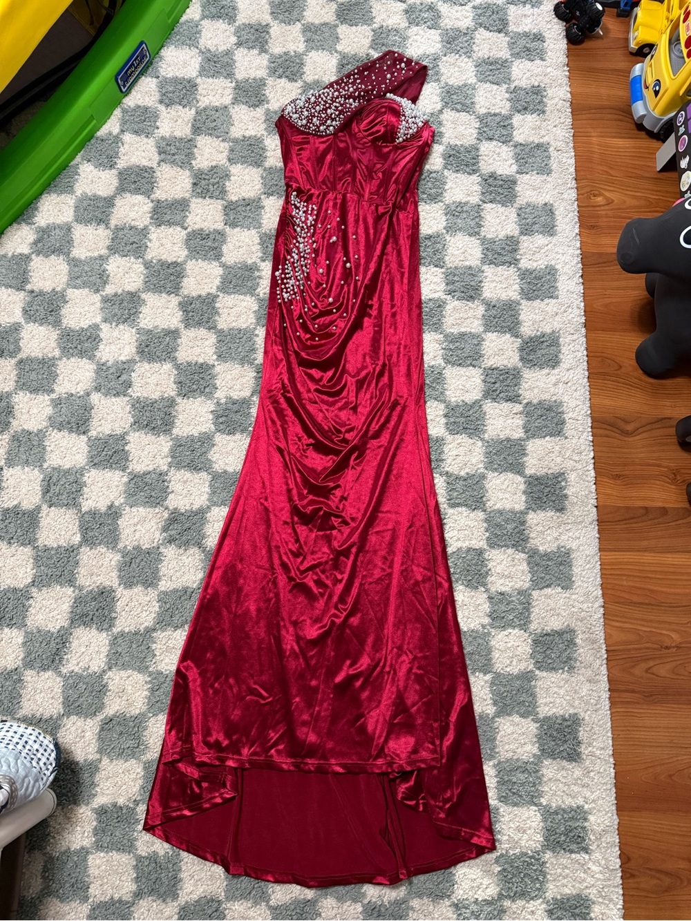 Faeriesty red sateen maxi gown one shoulder faux pearl corset dress prom pageant